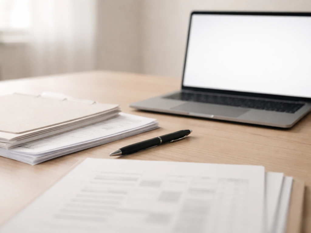Minimal desk scene with a laptop, documents, and a pen beside a blurred asset breakdown notebook page.