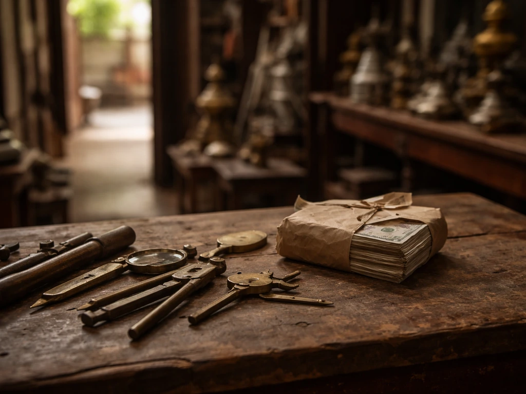 Empty antique shop workbench with vintage tools and a small wrapped bundle of cash, hinting at an investigation.