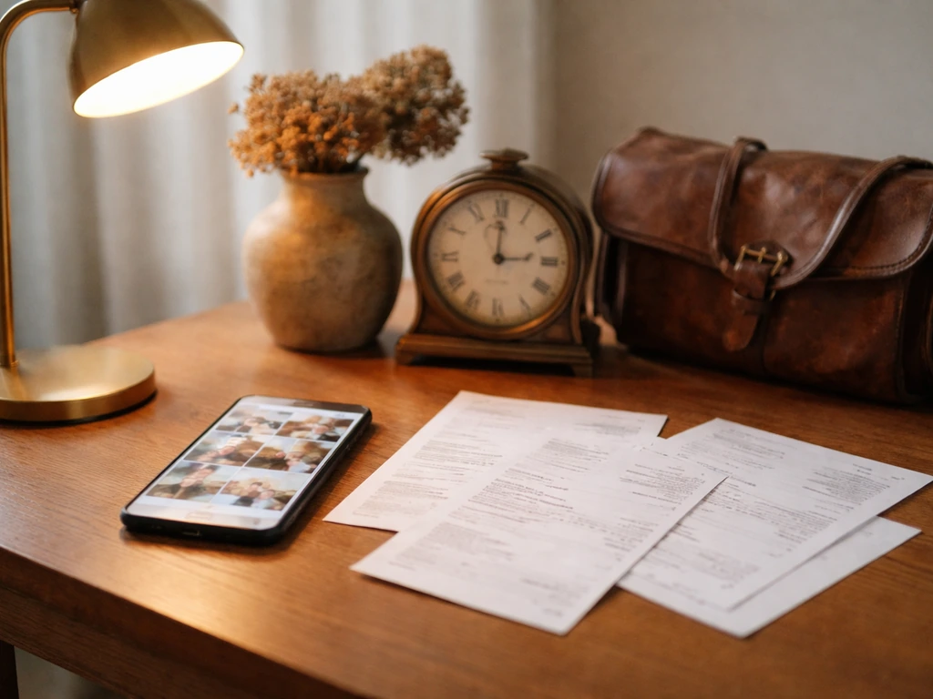 Minimal desk scene with blurred receipts and an antique display setup suggesting alleged income activity