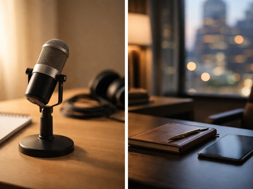 Split desk scene with broadcast microphone and upscale office items suggesting two different media figures