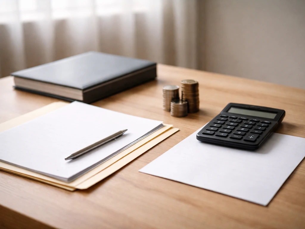 Minimal desk scene with scattered documents, calculator, and a single coin stack symbolizing assets minus liabilities.