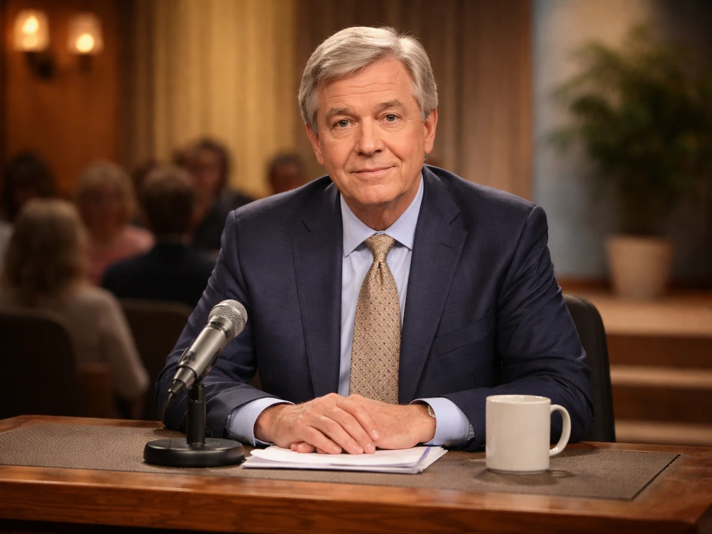 A suited daytime talk-show host sits at a desk with a microphone in a softly lit TV studio.