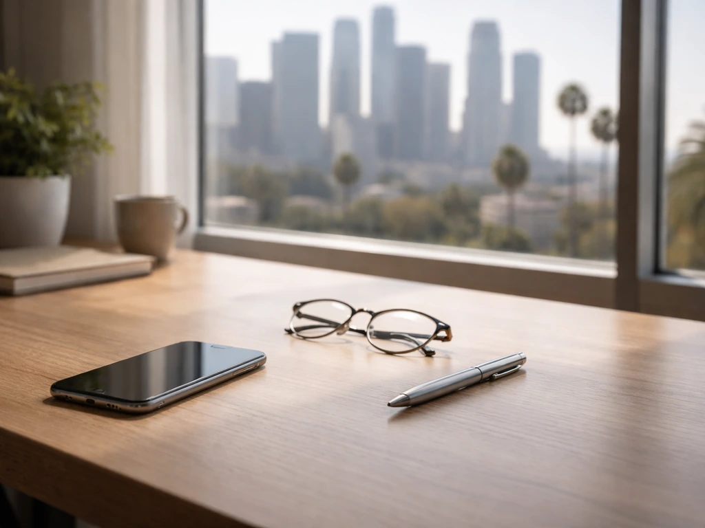 Minimal desk scene with a smartphone and US city skyline view, symbolizing business and public records research.
