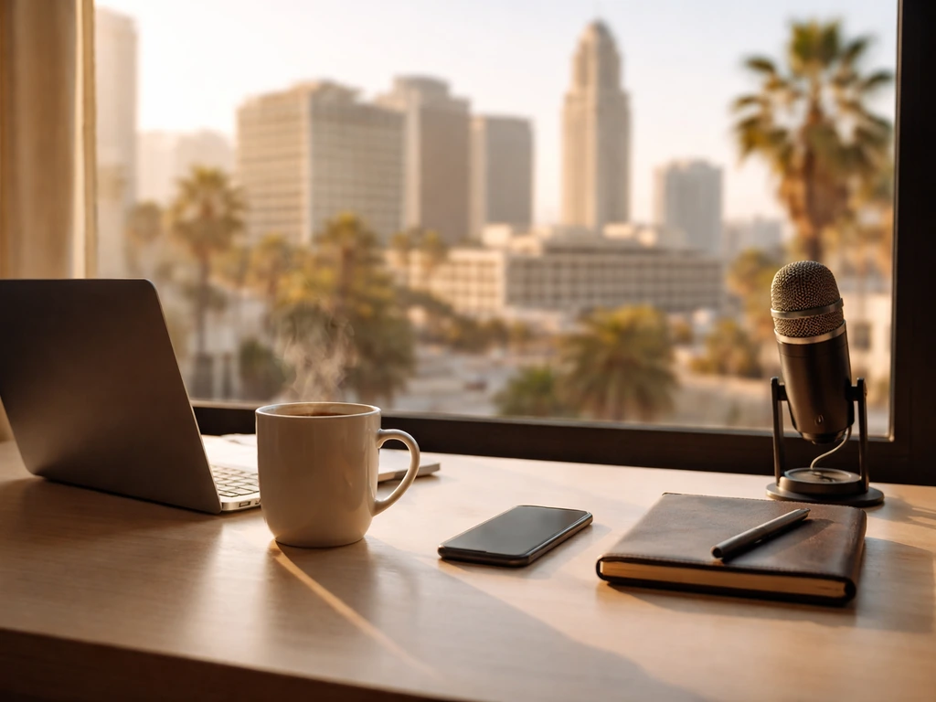 Minimal desk with coffee, phone, and a blurred Los Angeles skyline outside the window