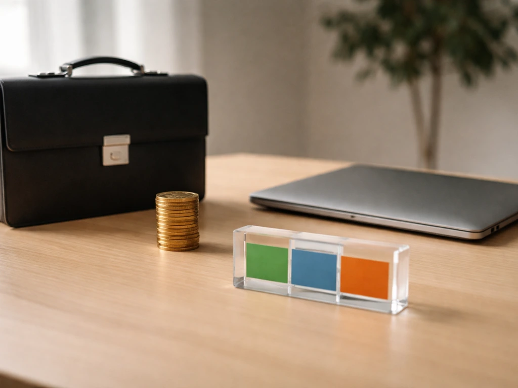 Minimal desk with briefcase, gold coins, and clear acrylic with colored segments implying wealth sources.