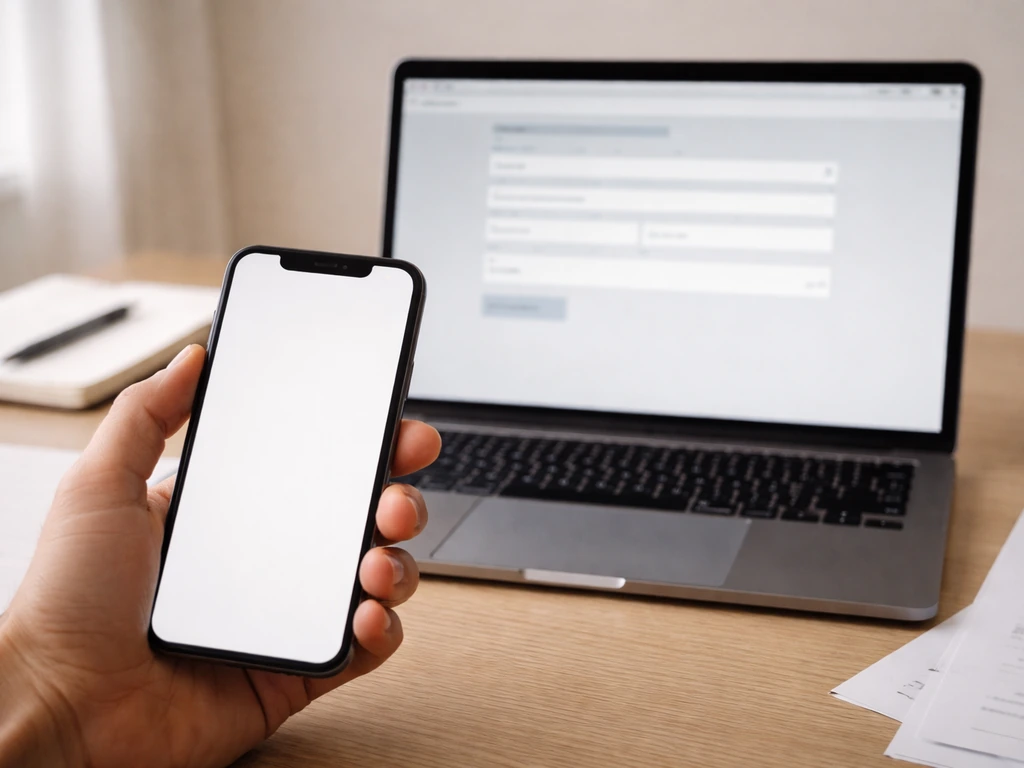 Hand holding a smartphone photographing a laptop with a blank browser showing business records search results