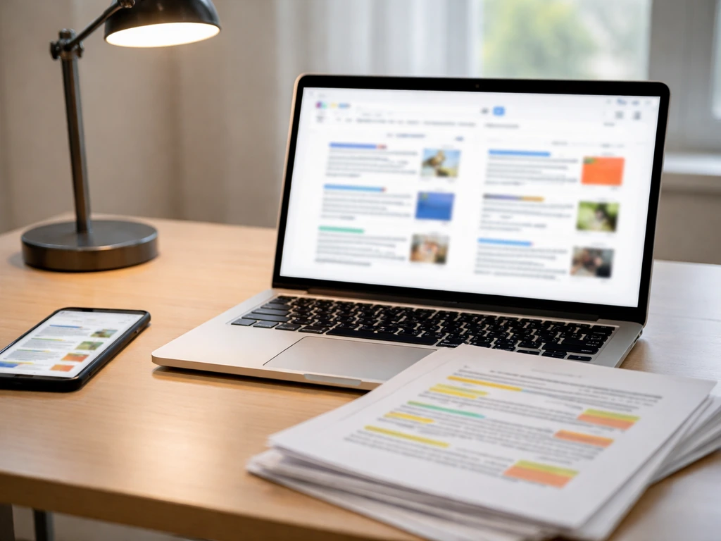 Laptop and phone on a desk with blurred search-result style screens and marked papers indicating verification confusion.