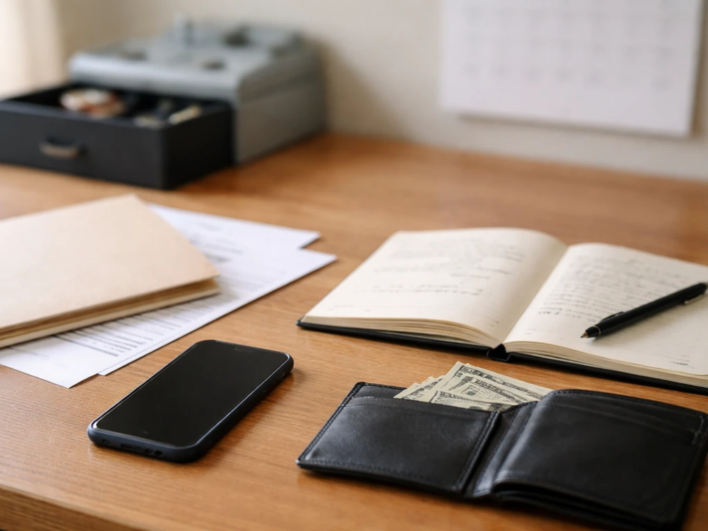 Small-business owner’s desk with phone, wallet, and notebook, symbolizing documented vs undocumented net worth evidence.