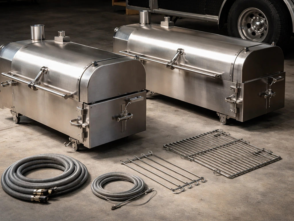 Close-up of competition BBQ smokers and equipment on concrete, with a truck wheel in the background.