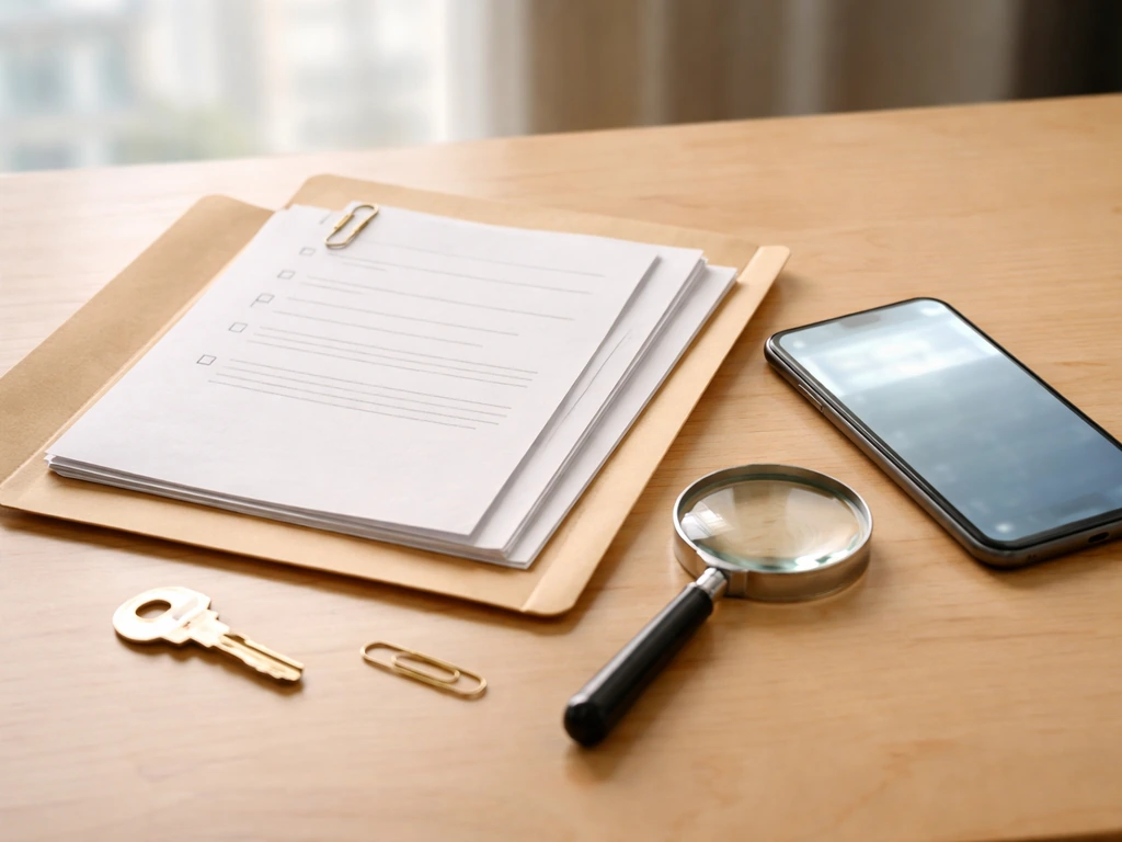 Desk scene with documents, magnifying glass, key, and a phone—suggesting step-by-step public record research.