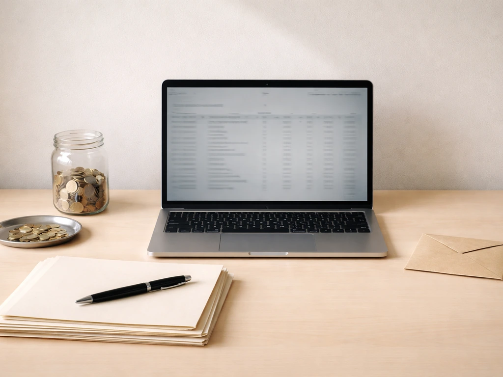 Minimal desk with laptop and coins, symbolizing net worth inputs versus missing items.