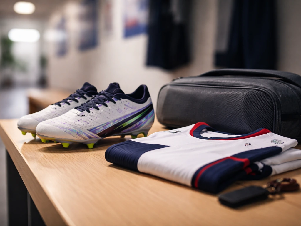 Football boots and folded kit jersey on a bench, with blurred sponsor-style hallway background.