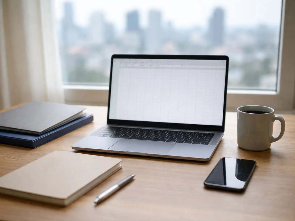 Minimal home office desk with laptop and two unlabeled folders symbolizing source comparison.