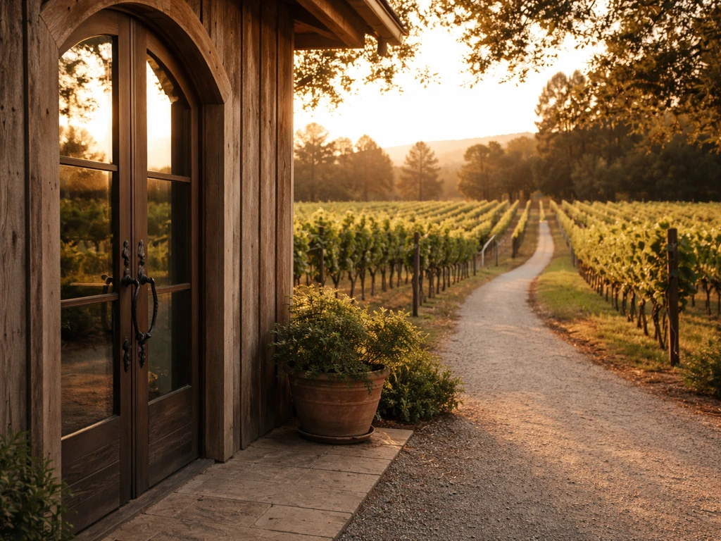 Winery exterior at golden hour with a tasting room doorway and vineyard rows, suggesting Charles Krug legacy.