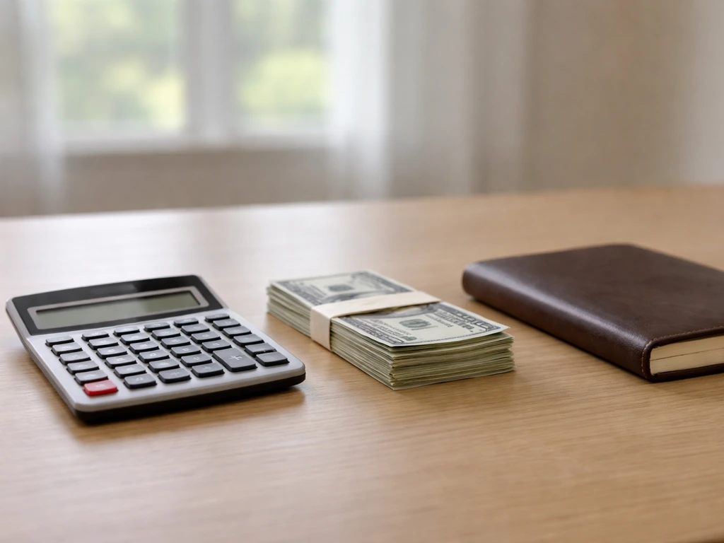 Minimal photo of a quiet office desk with a calculator and scattered cash, symbolizing net worth estimates