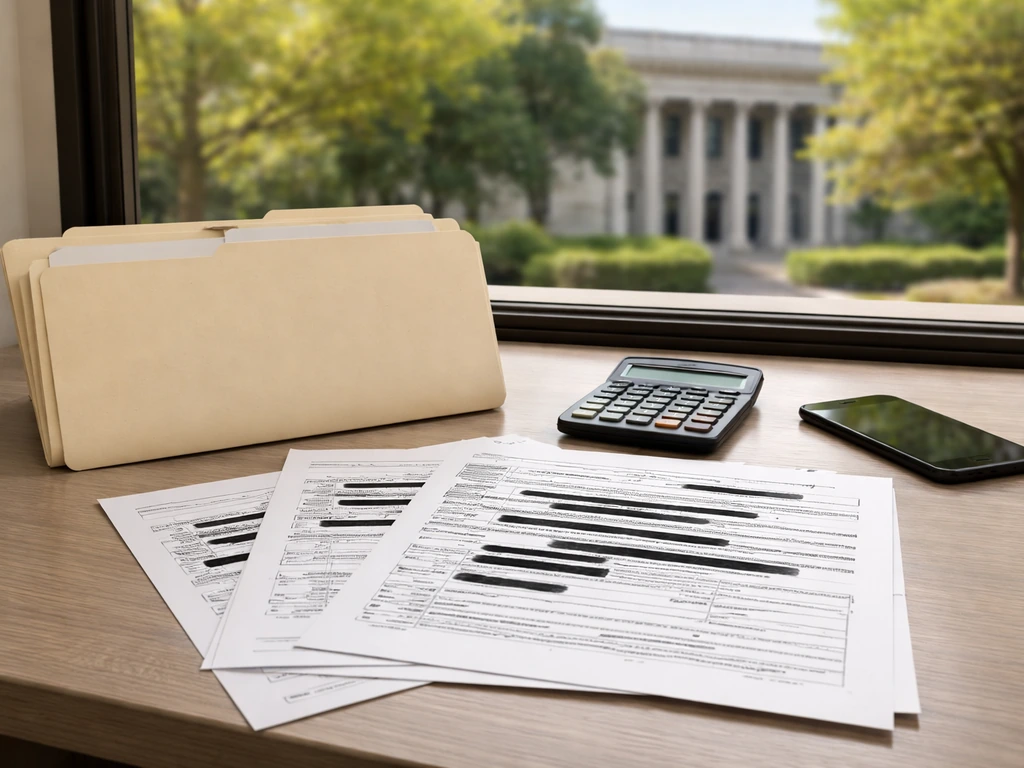 Redacted county property record folders on a desk, symbolizing verified real estate assets and income
