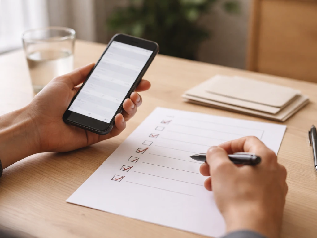 Hands review a blank checklist and blurred phone content on a tidy desk, symbolizing verifying an estimate.