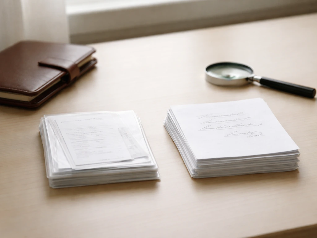 Two stacks of papers on a desk showing verified receipts vs uncertain blank pages.