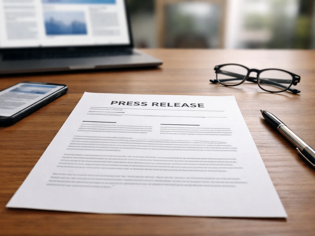 Desk with a printed press-release style document and business items, suggesting acquisition documentation.