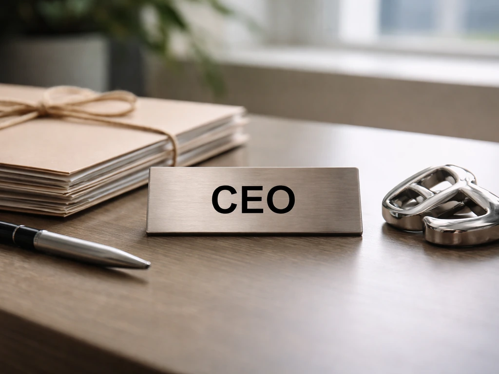 Close-up of a modern office desk with an anonymous CEO nameplate and contract folder after an acquisition