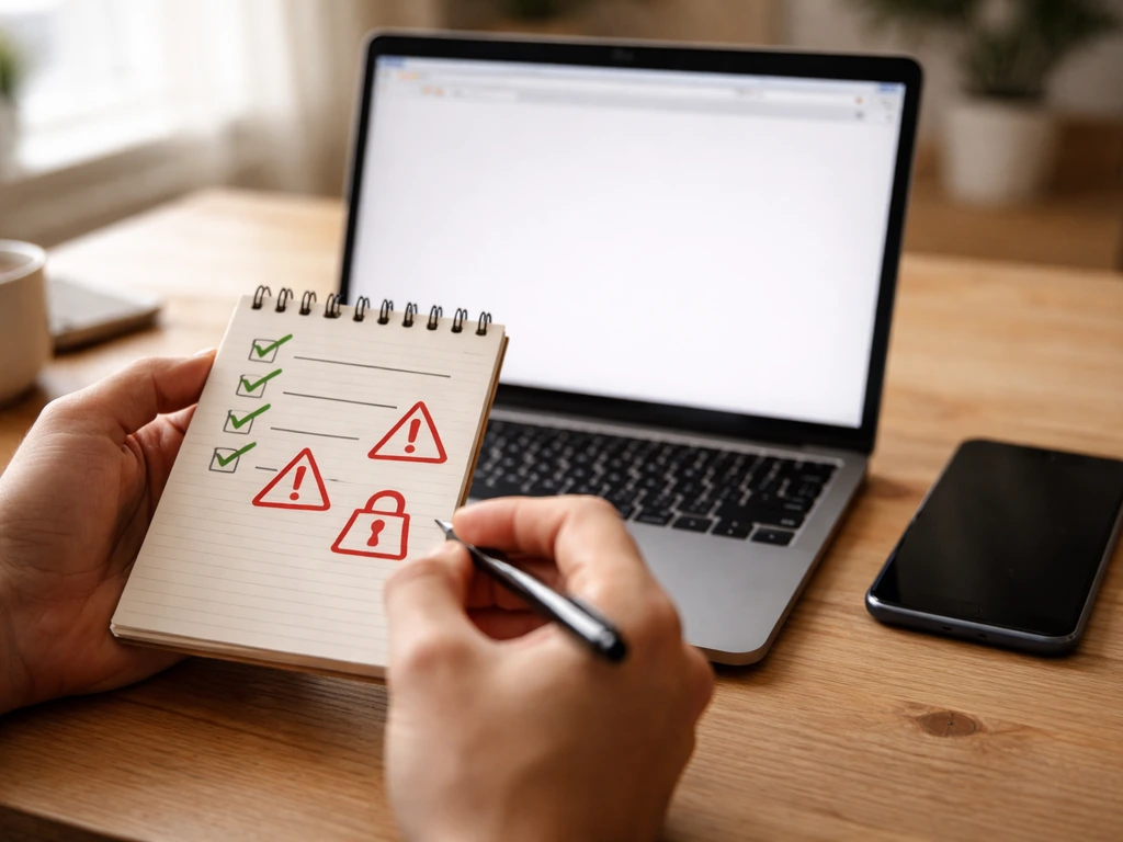 Person at desk typing in a web browser while reviewing a simple red-flag checklist on paper