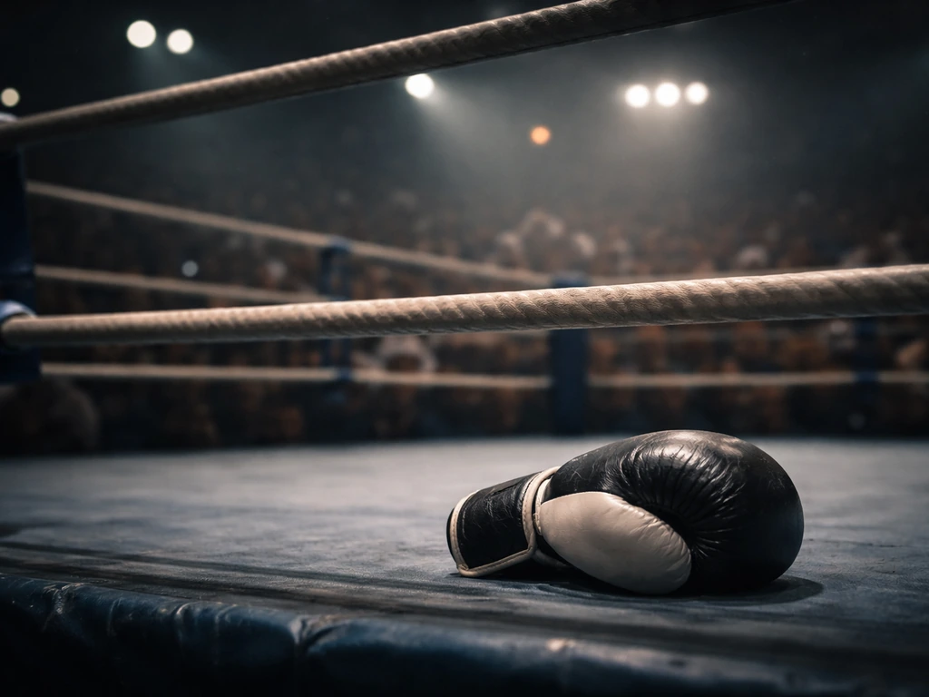 Boxing ring ropes and glove in a dim arena, championship atmosphere with soft crowd bokeh.