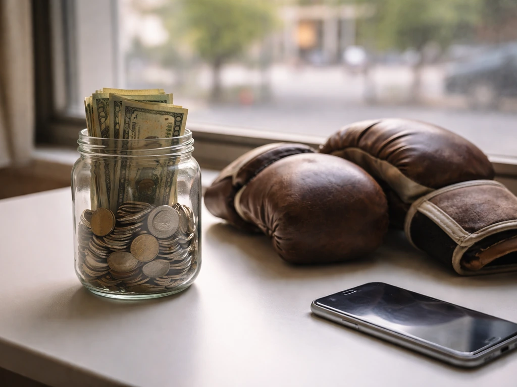 Coins and banknotes in a jar beside boxing gloves and a phone on a desk, lit by natural light.