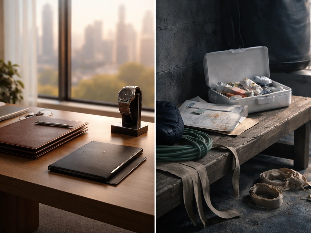 Split scene: left luxury home office suggesting wealth growth; right boxing gym and first-aid kit suggesting medical set