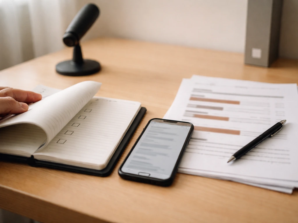 Minimal desk scene with blank checklist notebook, documents, pen, and phone suggesting estimate verification.