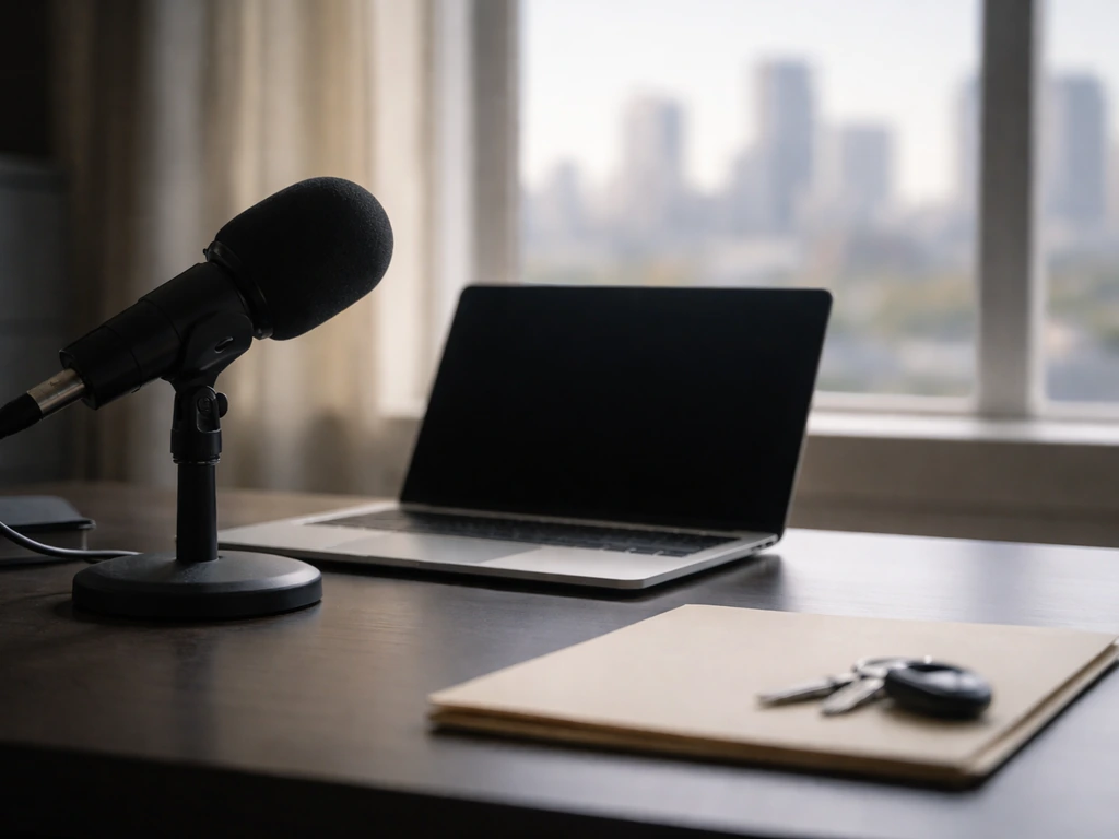 Minimal desk scene with a microphone, laptop, and a city skyline view to suggest TV media identity