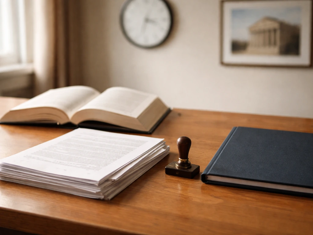 Minimal desk scene with legal paperwork and law books symbolizing pension and attorney earnings timeline