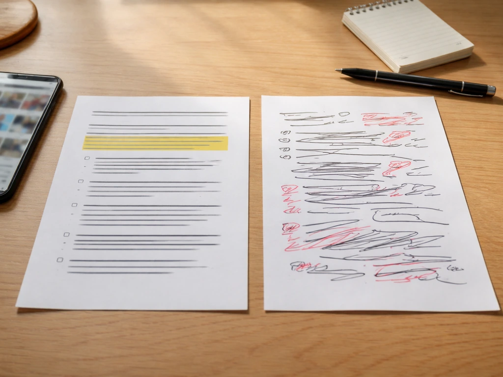 Office desk with two contrasting printed review sheets and a phone, visually suggesting credibility checks for sources.