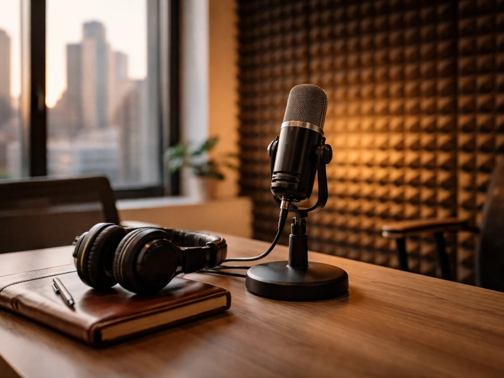 Quiet music office studio desk with microphone and headphones, hinting at music management work.