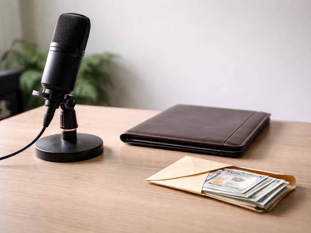 Minimal studio desk with microphone and a folded cash envelope, symbolizing music-business wealth comparisons.