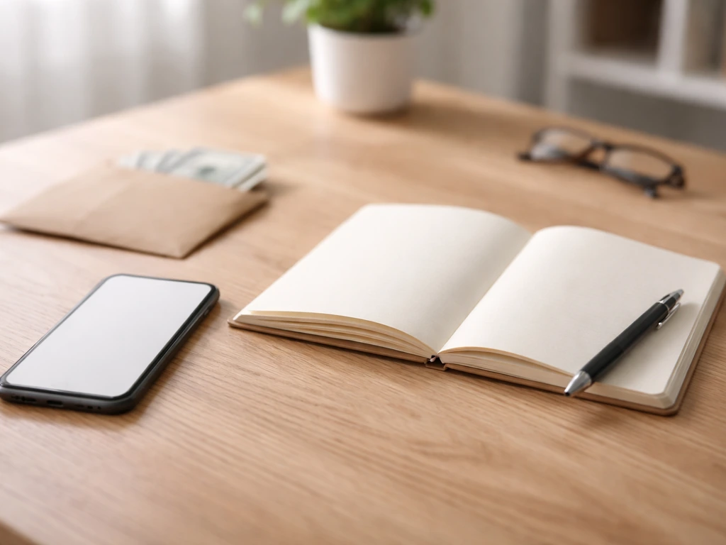 Minimal desk scene with smartphone, notebook, and cash-like props symbolizing verifying financial figures responsibly.