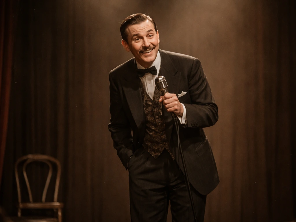 Early 20th-century vaudeville comedian in costume on a dim stage, period photo scan look.