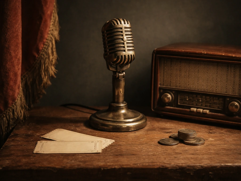 Minimal collage of vintage performance and radio-era objects suggesting entertainment earnings