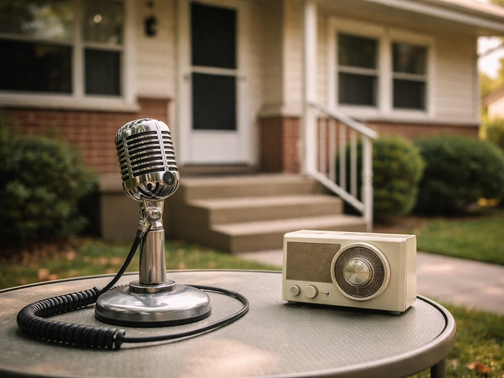 Mid-century suburban house exterior with a vintage studio microphone in the foreground, warm natural light