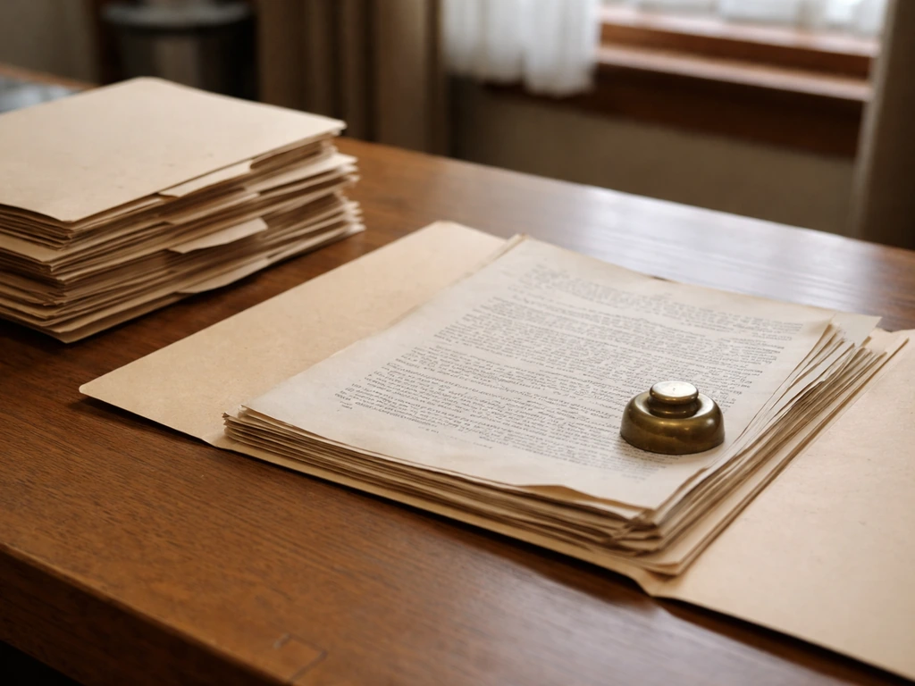 Close-up of open probate record folders and aged typed pages on a wooden table