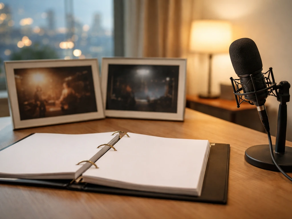 Studio desk with microphone, open script binder, and empty movie still frames suggesting media career income.