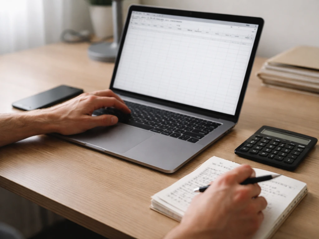 Person using a laptop with spreadsheet-like notes and a calculator to build an earnings estimate workflow