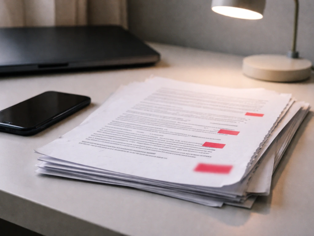 Unidentifiable desk with blurred documents, red flagged tabs, and a laptop suggesting unreliable financial claims.