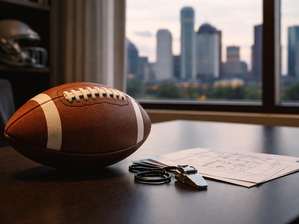 Minimal office scene with a football-themed background symbolizing a quarterback-turned coach and business career.
