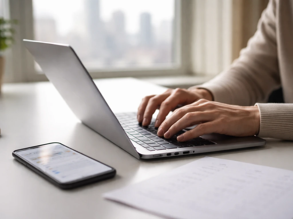 Hands on a laptop beside a phone with blurred search screens, suggesting checking official filings yourself.