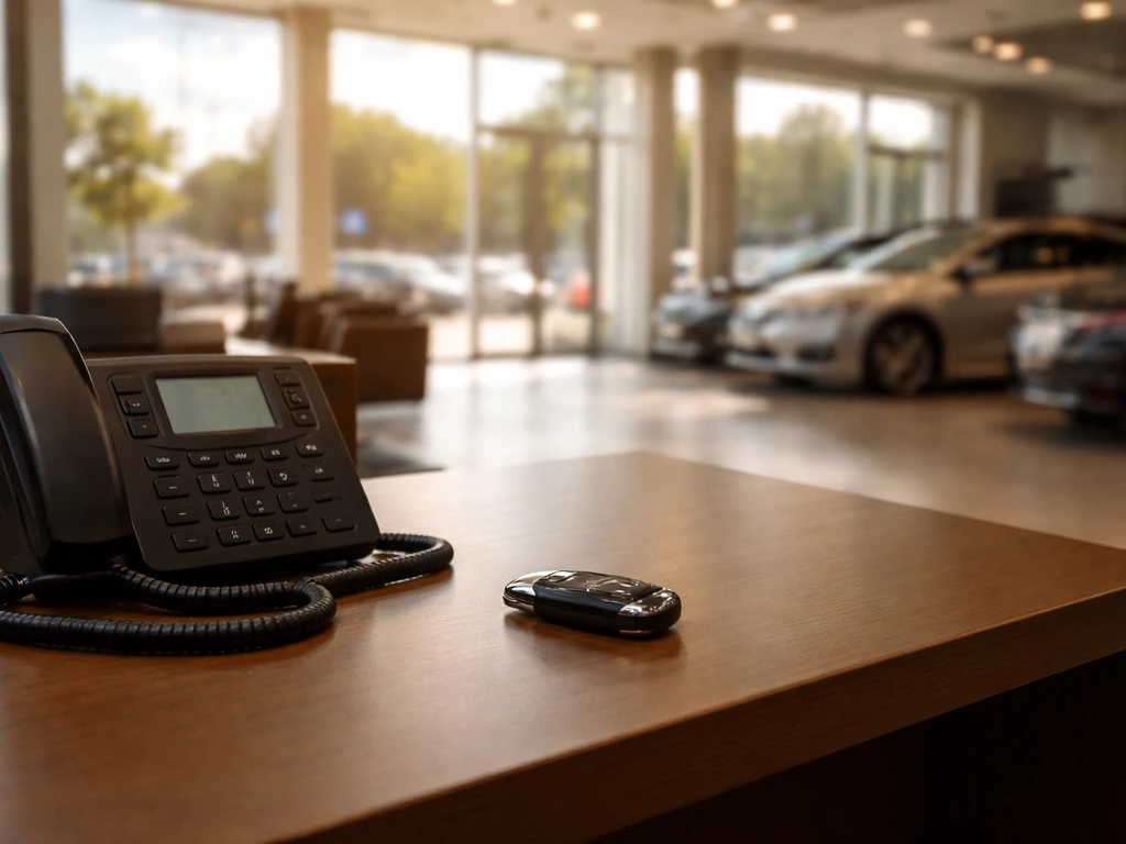 Empty dealership office desk with business phone and car key fob, hinting at Austin business identity.