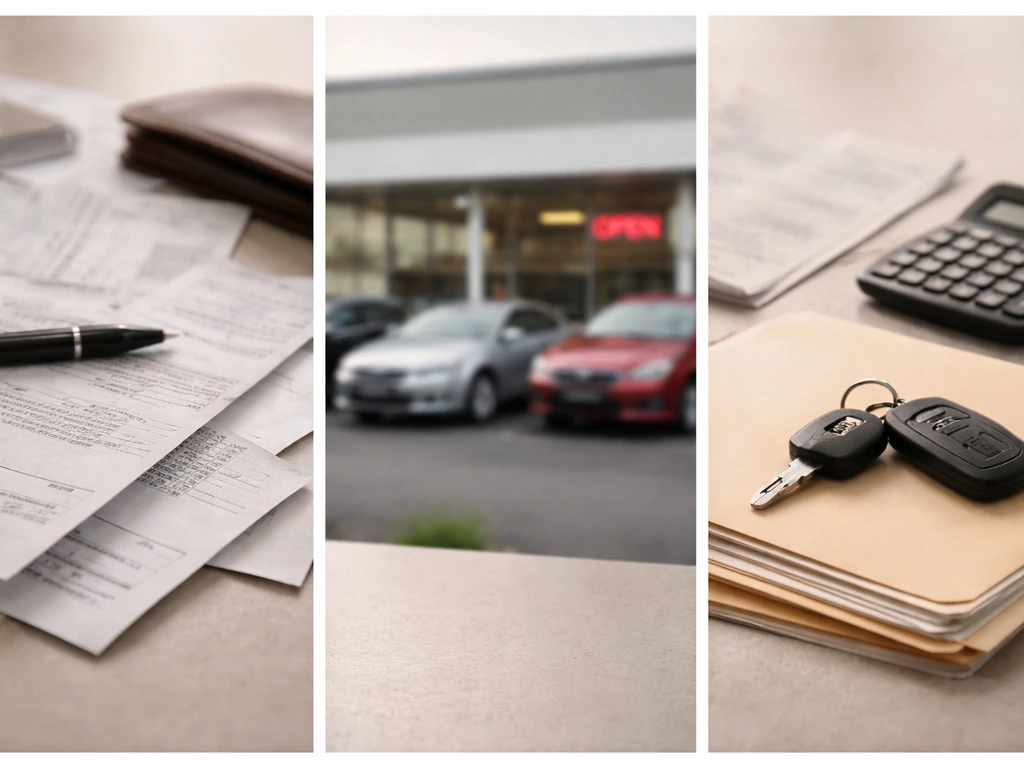 Minimal collage of business documents, dealership storefront, and valuation cues suggesting how net worth estimates are