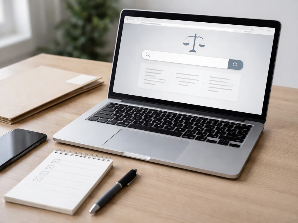 Laptop and notepad checklist on a desk, suggesting DIY verification steps for court and registry sources.