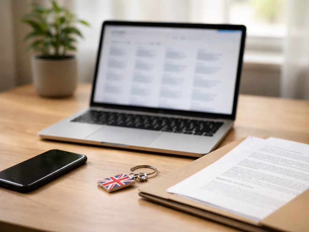 Minimal desk scene with laptop showing blurred search results, suggesting verifying the right UK identity online.