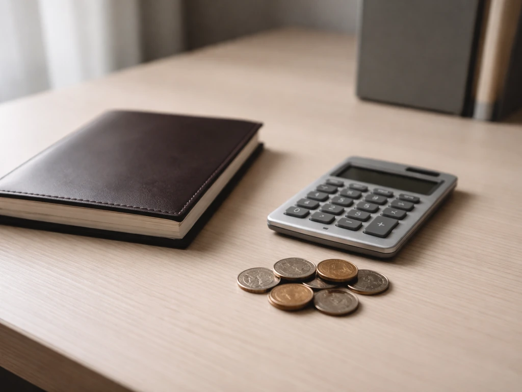Minimal photo of a closed notebook, a calculator, and a few coins on an office desk symbolizing valuation