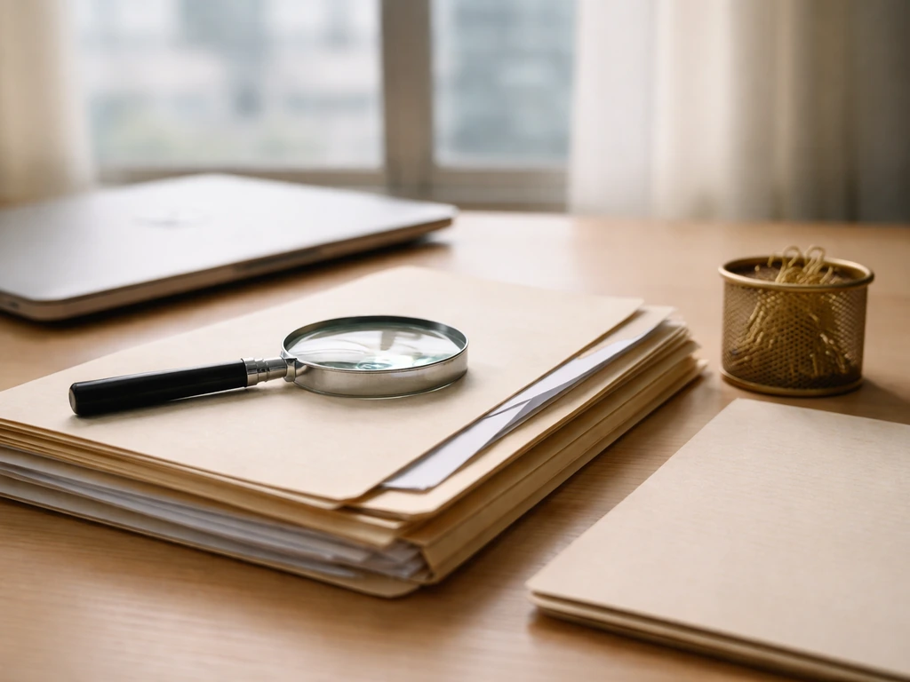 Magnifying glass over stacked official-looking documents on a simple office desk, symbolizing credible evidence.